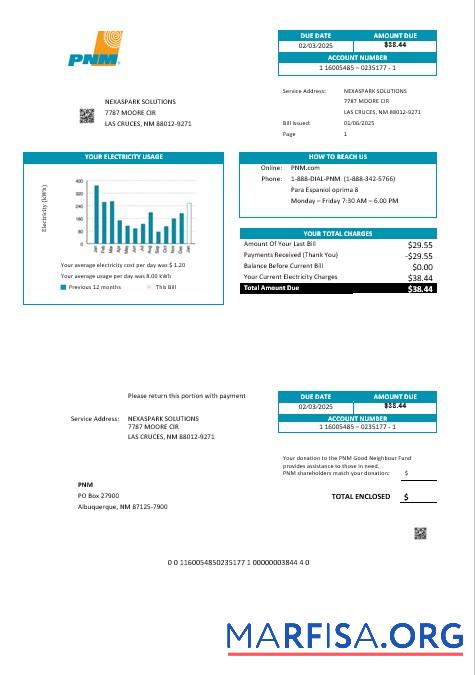 Realistic USA New Mexico PNM easy fillable business utility bill template in Word and PDF formats